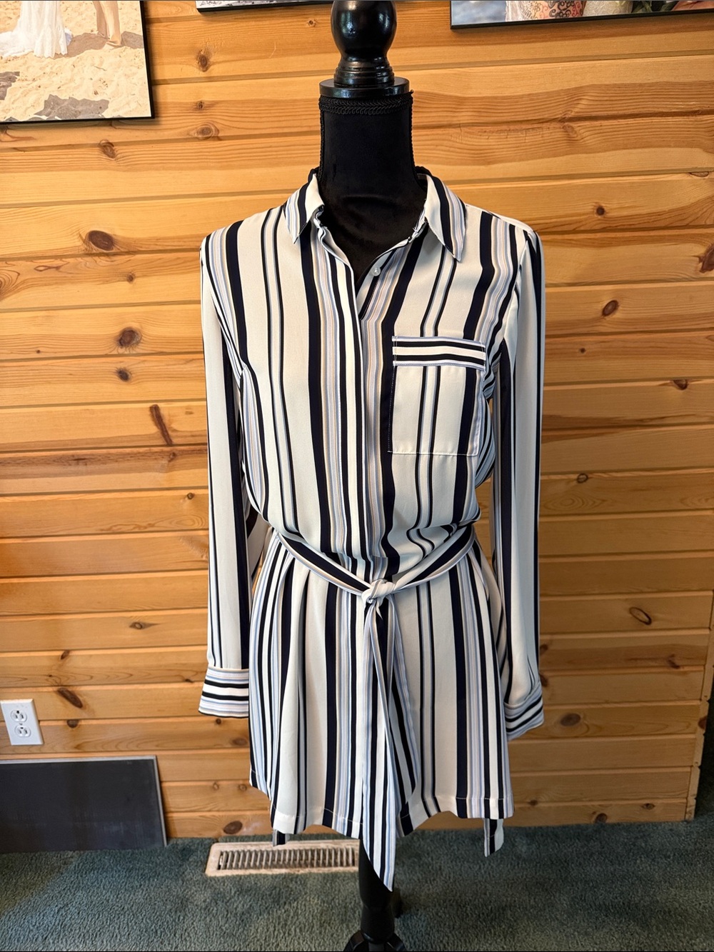 White House Black Market Navy & White Vertical Stripe Tie-Waist Shirt Dress